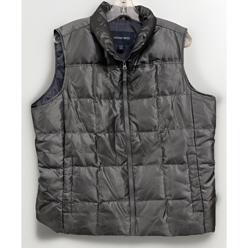 Lands End Metallic Gray Quilted Puffer Vest‎ Women's L/P Down Filled Pockets
